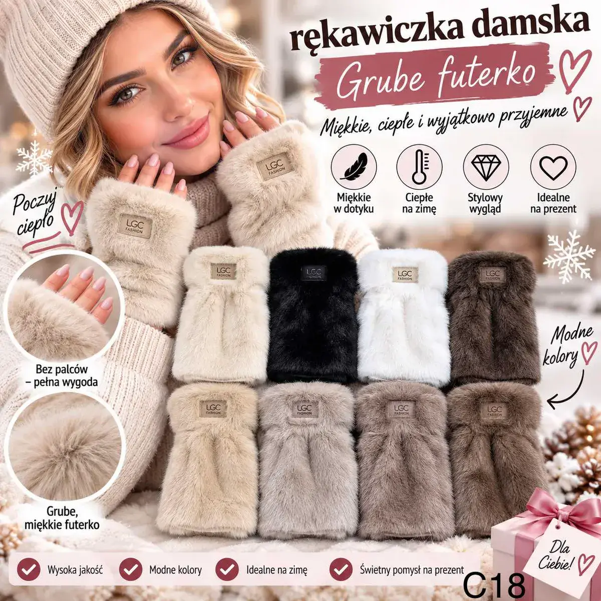 Rękawiczka damska z grubym futerkiem LGC Fashion, bez palców