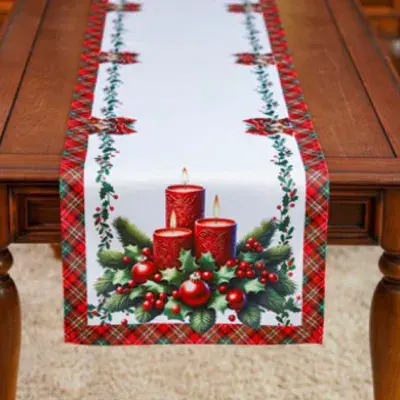 Bieżnik świąteczny 40x140cm z czerwonymi świecami i kratką