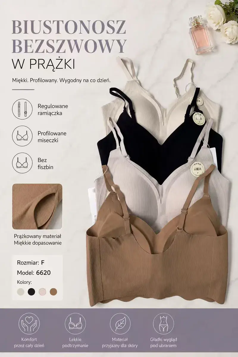 Biustonosz bezszwowy prążkowany model 6620 rozmiar F mix kolorów