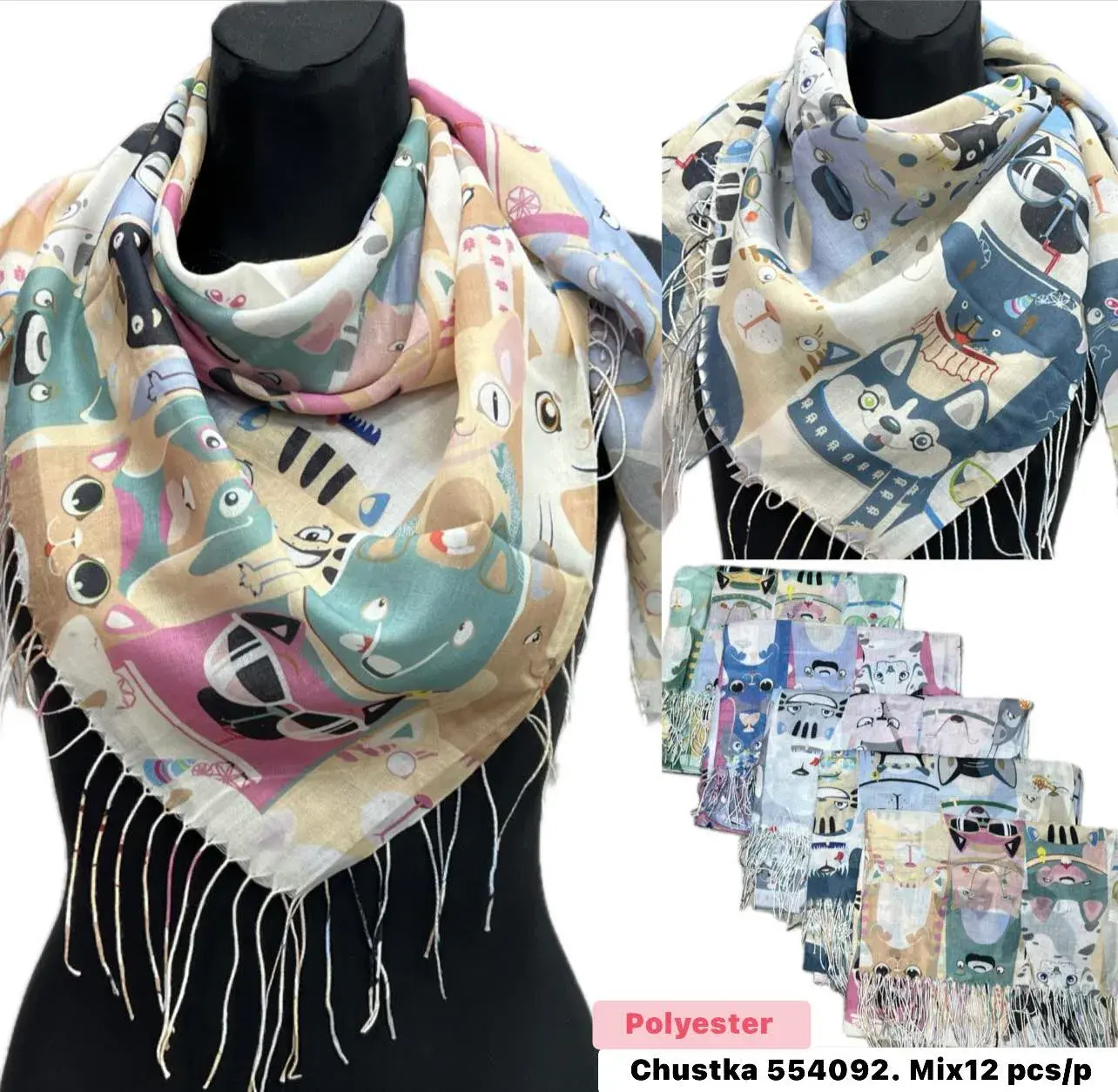 Szaliki damskie z kotami Chustka 54092 Mix 12 szt