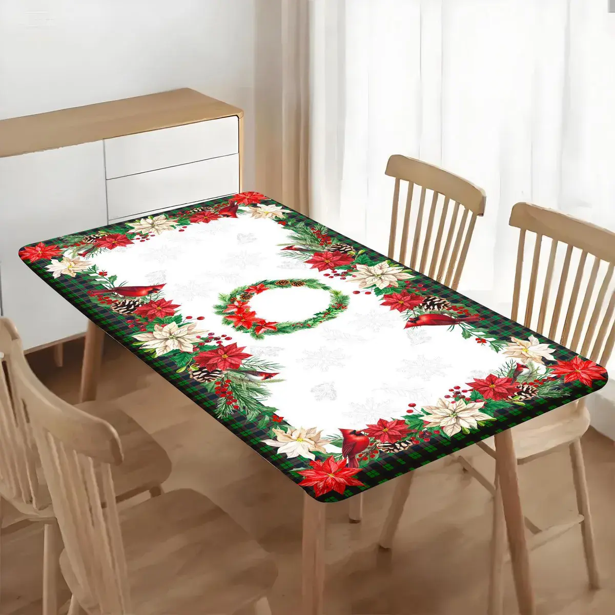 Obrus świąteczny 60x120 cm z motywem poinsecji i ptaków