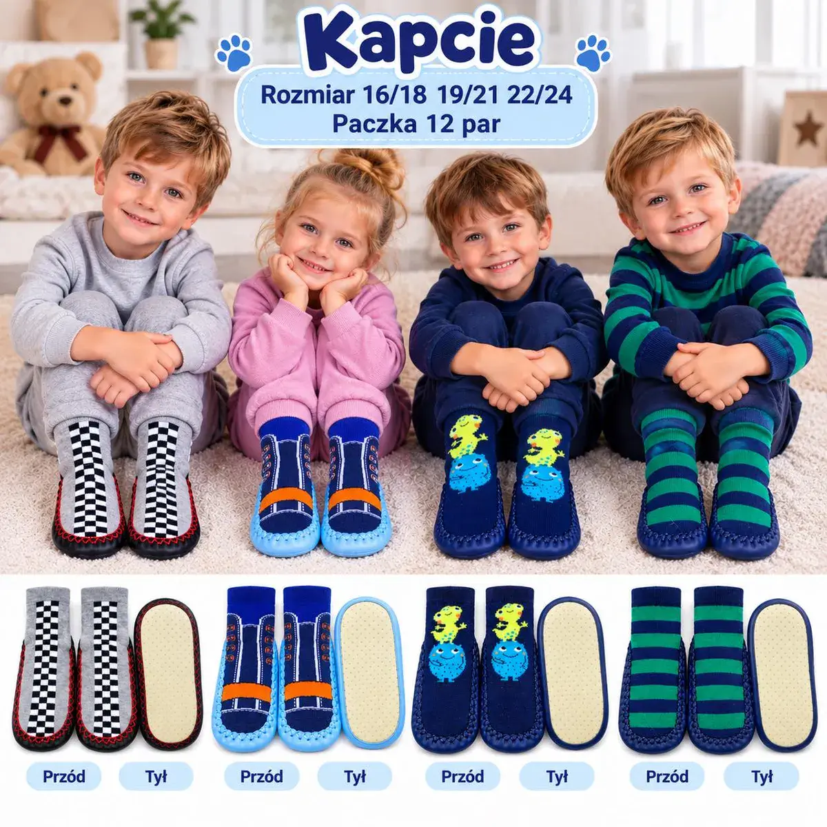 Kapcie dziecięce miękkie antypoślizgowe 16/18 19/21 22/24 mix wzorów