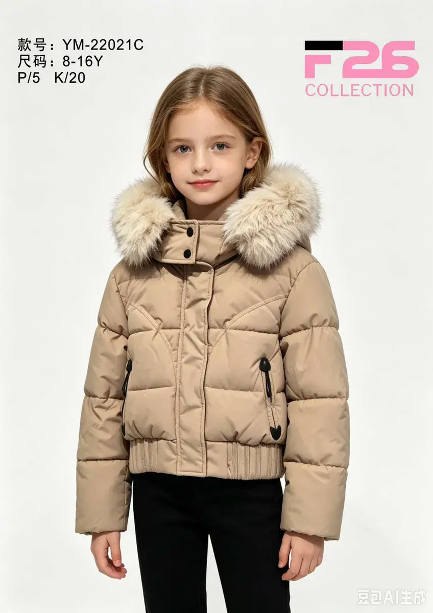 Kurtka dziecięca beżowa z futrzanym kapturem 8-16Y F26 Collection