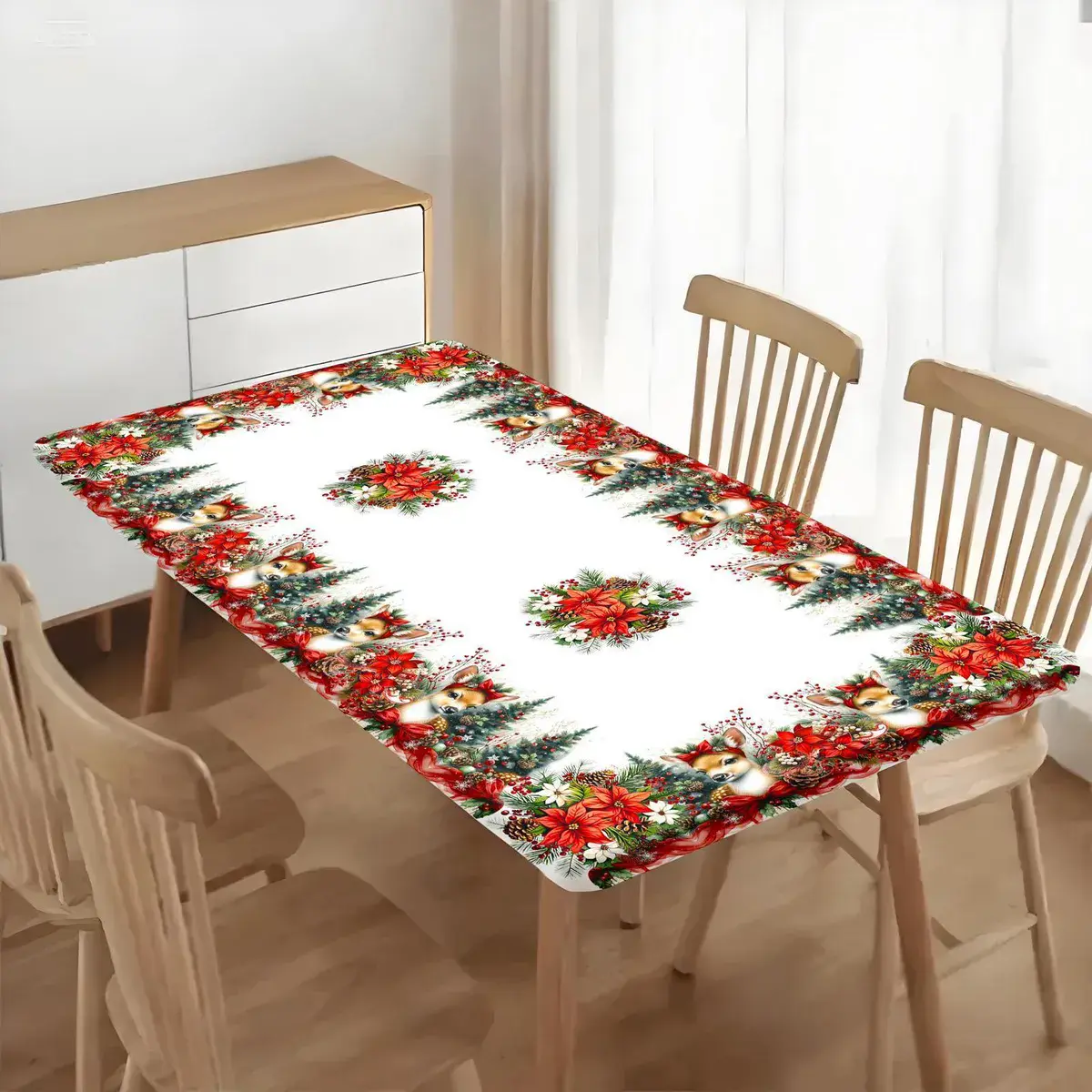 Obrus świąteczny 60x120 cm z motywem renifera i poinsecji