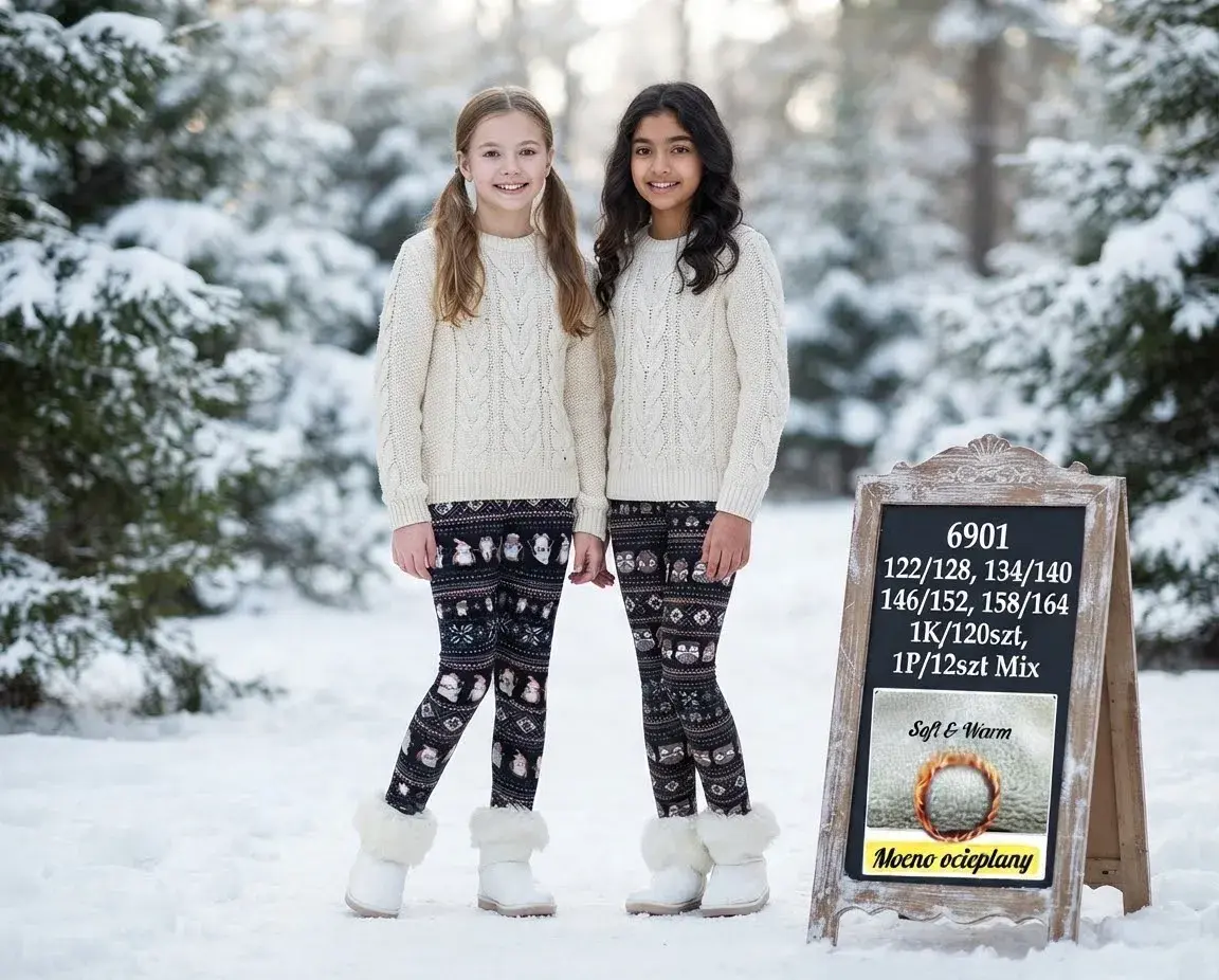 Legginsy dziecięce ocieplane Soft & Warm czarne ze wzorem zimowym