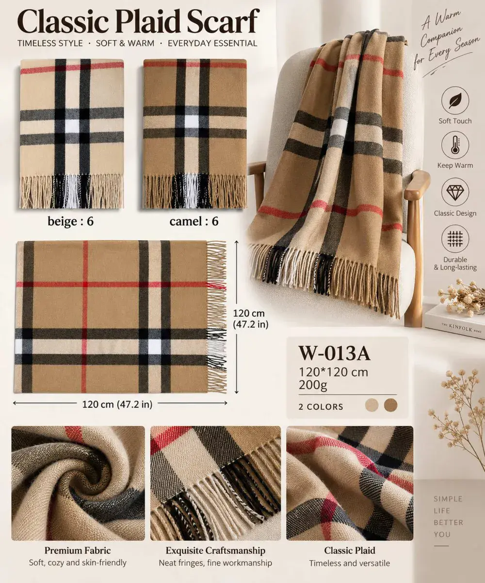 Classic Plaid Szalik w Kratę Camel 120x120 cm 200g