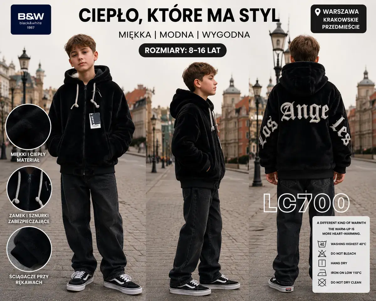 Czarna bluza dziecięca z kapturem LC700 miękka i ciepła