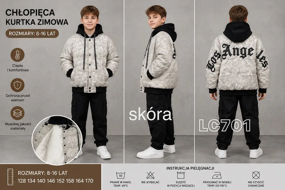 Chłopięca kurtka zimowa skórzana ocieplana 8-16 lat LC701