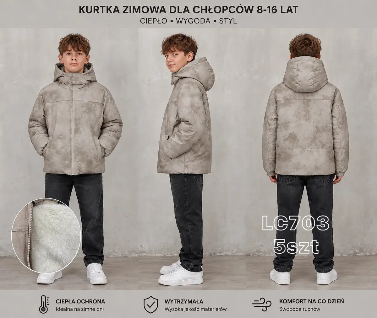 Kurtka zimowa chłopięca beżowa 8-16 lat ciepła i wygodna