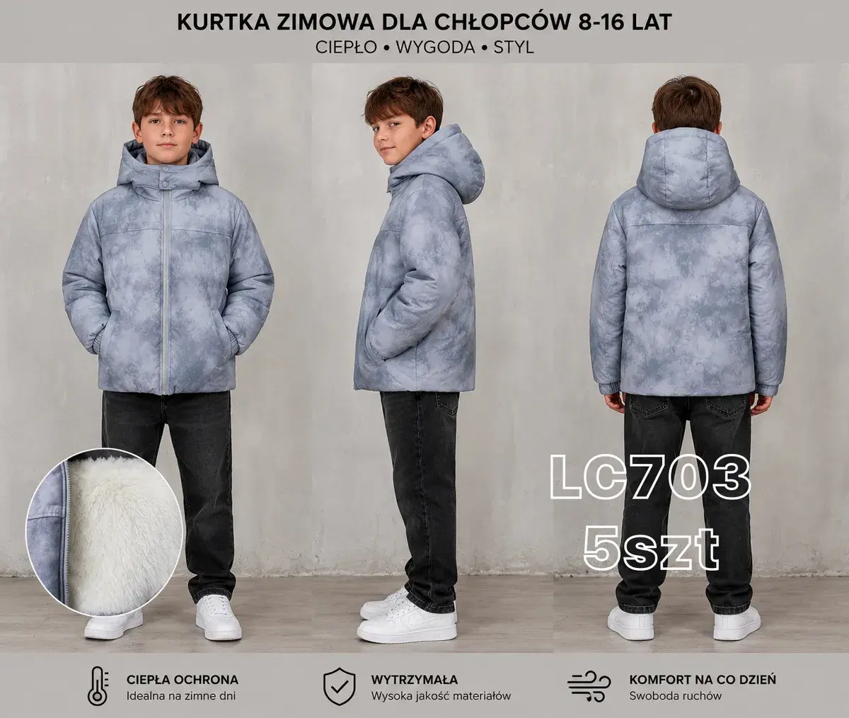 Kurtka zimowa chłopięca szara ocieplana 8-16 lat LC703