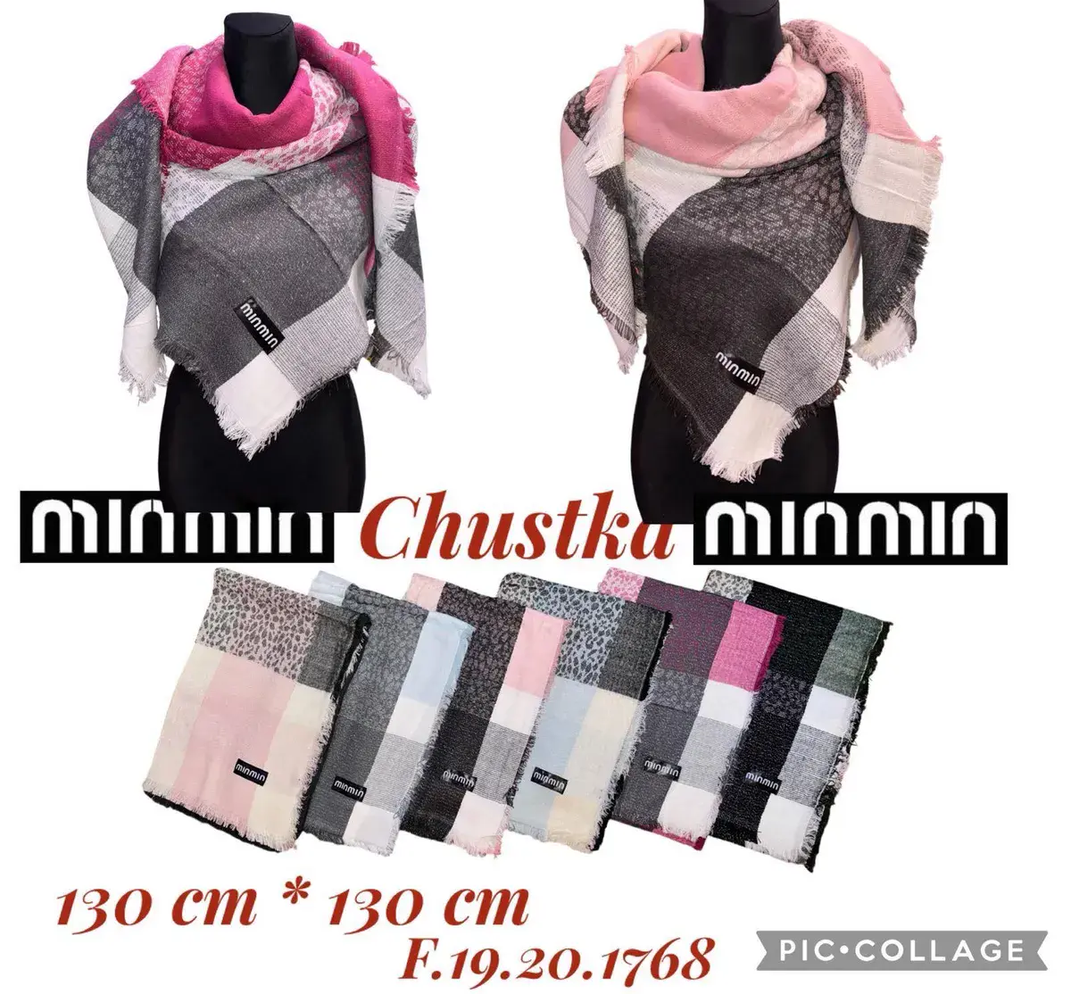 Chustka damska w kratę 130x130 cm ze wzorem zwierzęcym