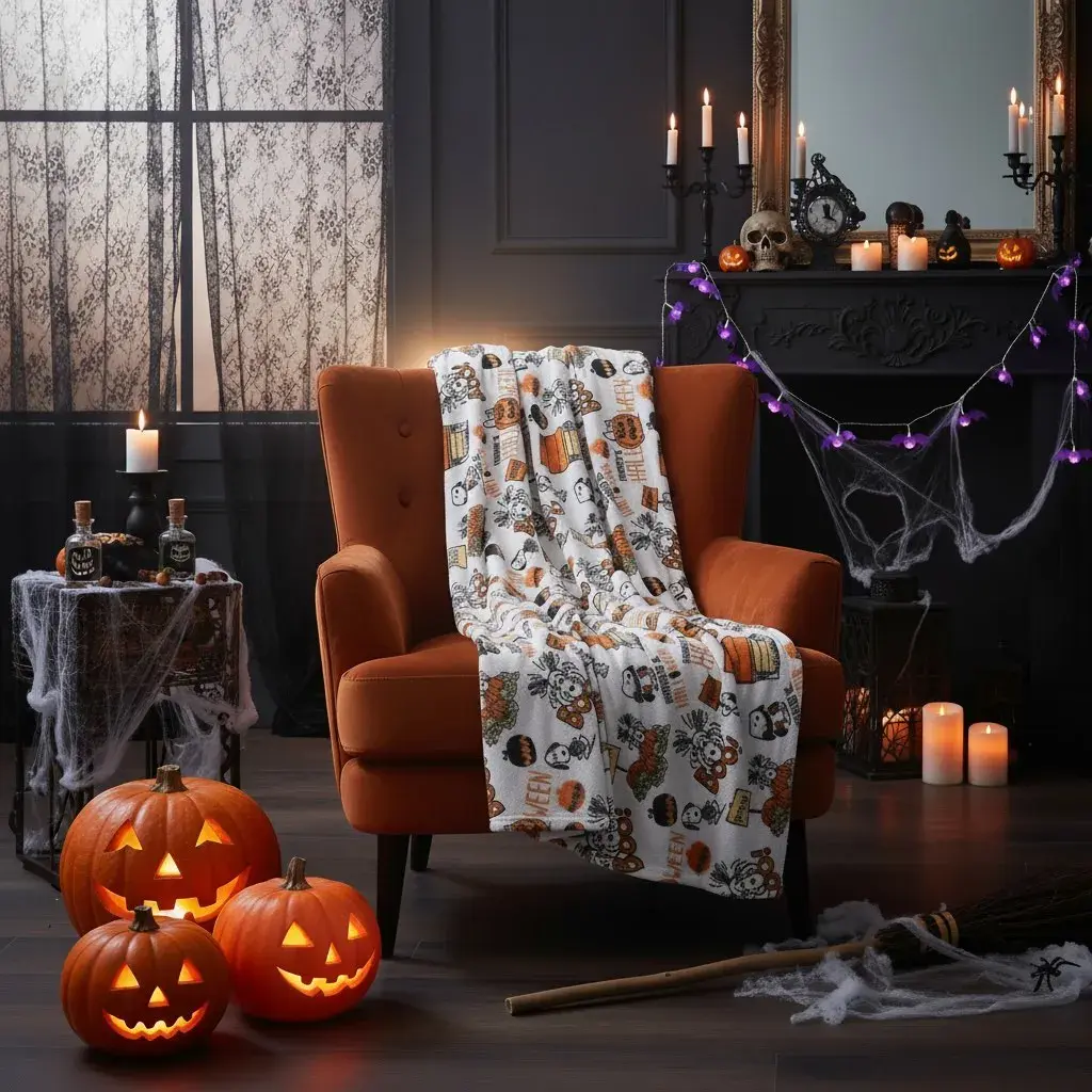 Miękki koc Halloween 160x200 cm z nadrukiem dyni i duchów