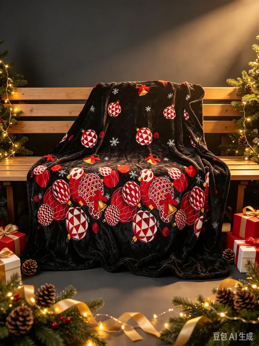 Czarny koc świąteczny 200x220 cm z czerwonymi bombkami