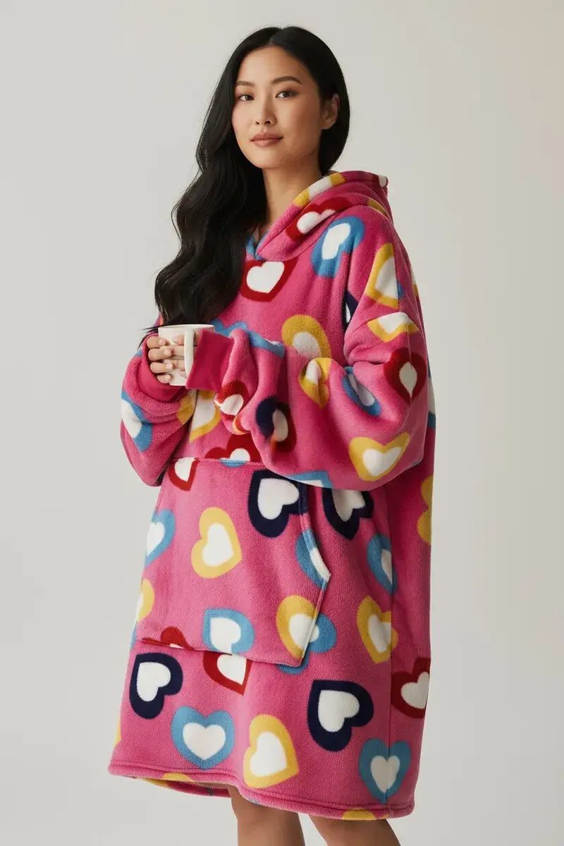 Bluza koc z kapturem i polarem 90/170cm różowa w serca