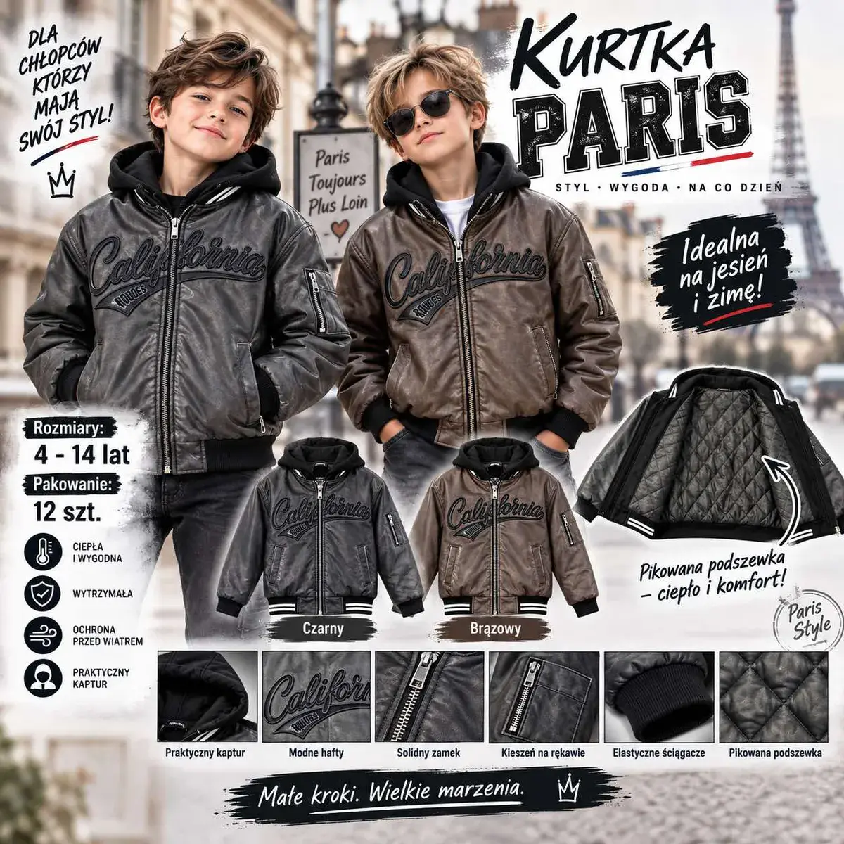 Kurtka Paris chłopięca z pikowaną podszewką czarna i brązowa