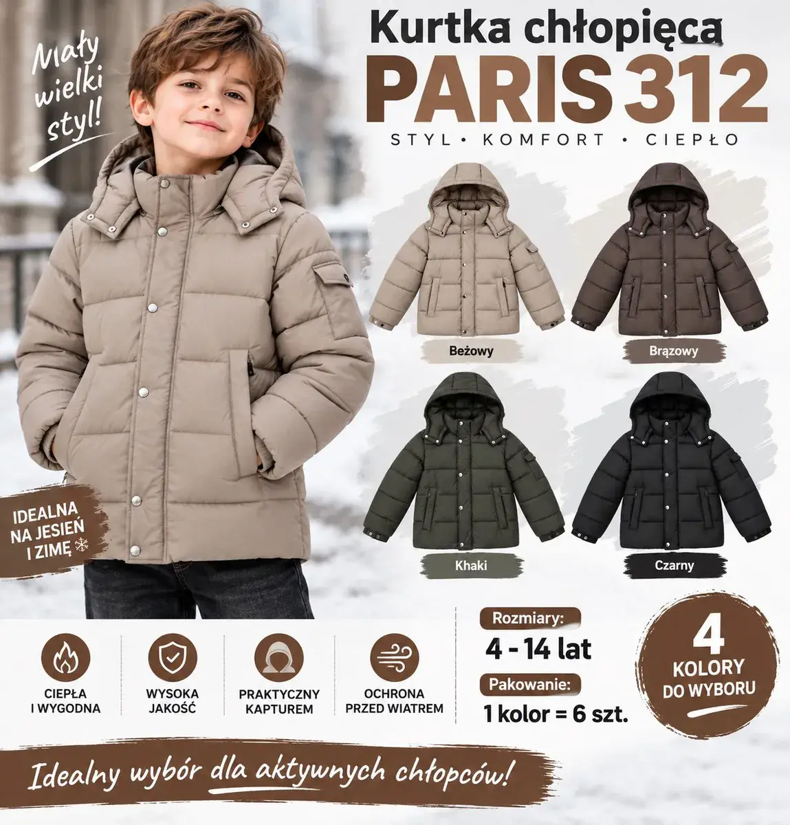 Kurtka chłopięca PARIS 312 ciepła z kapturem 4 kolory