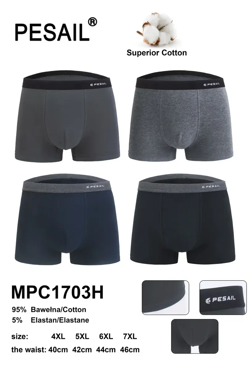 Bokserki męskie Pesail bawełna z elastanem 4XL-7XL czarne i granatowe