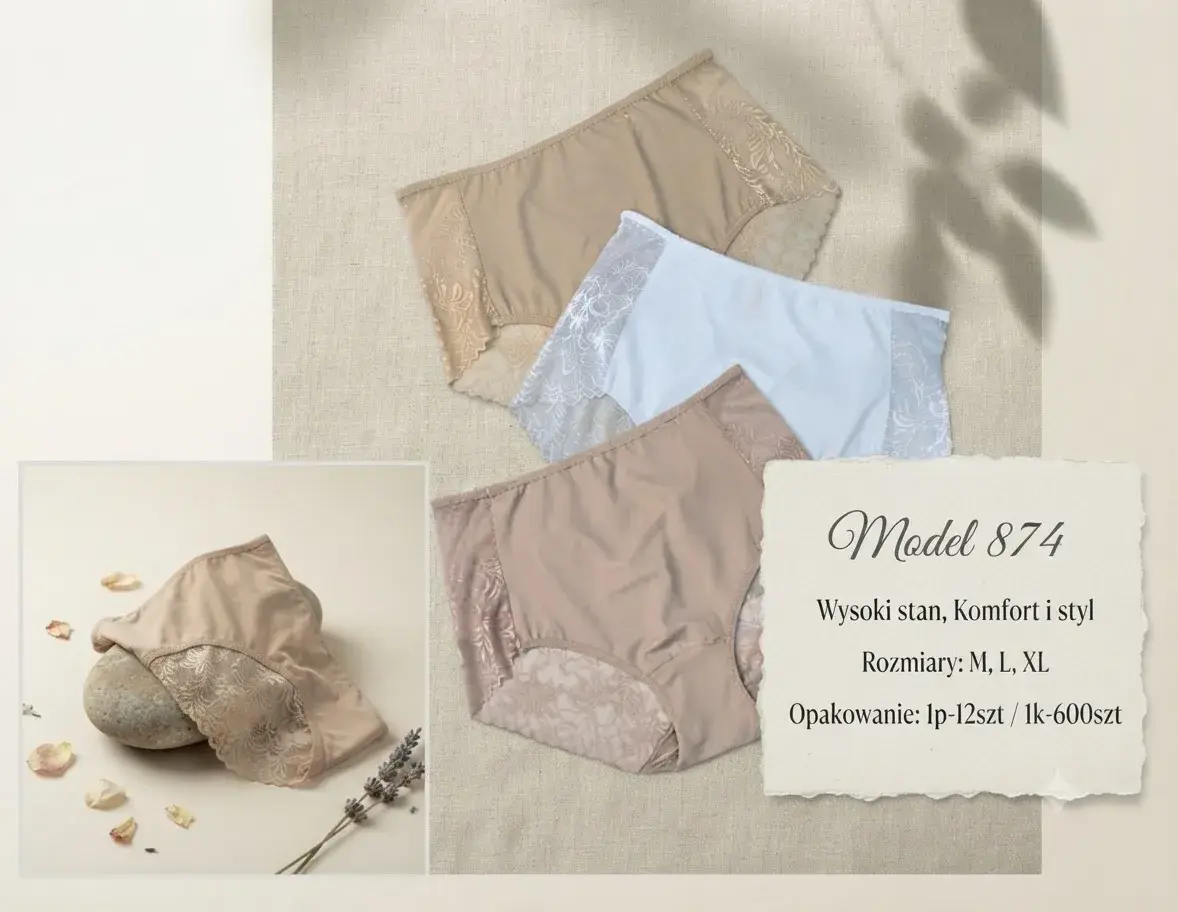 Model 874 Majtki damskie wysokie stan beżowe i białe z koronką