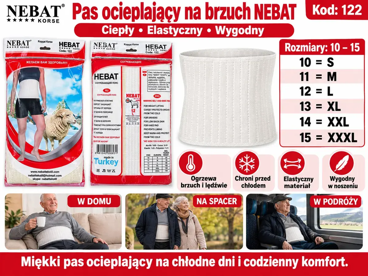 Pas ocieplający na brzuch i lędźwie NEBAT biały elastyczny S-XXXL
