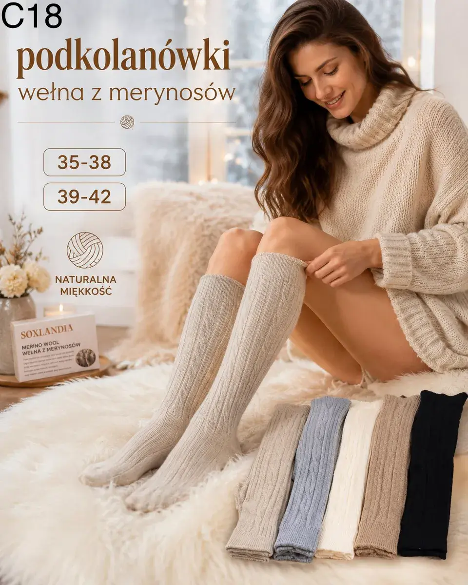 Podkolanówki z wełny merynosów naturalna miękkość 35-42