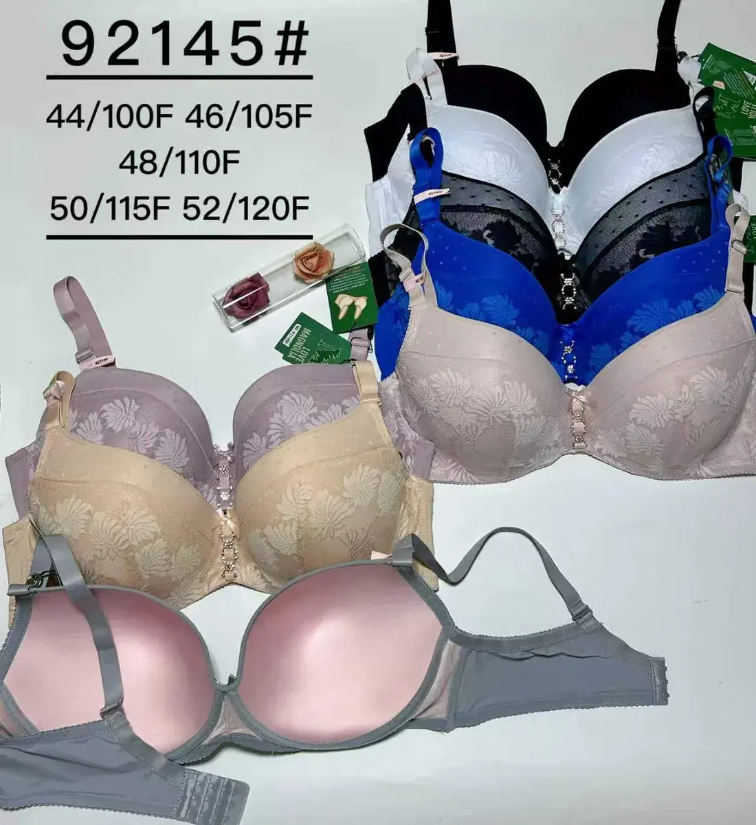Biustonosz damski z haftem w różnych kolorach i rozmiarach F