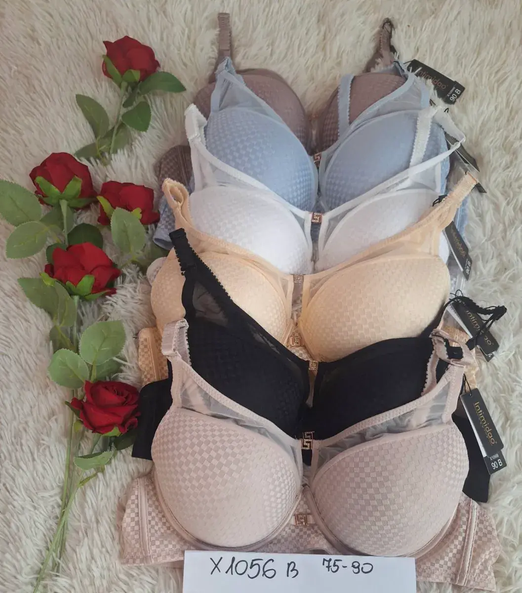 Biustonosz push-up w kratkę 90B beżowy, czarny, biały, niebieski