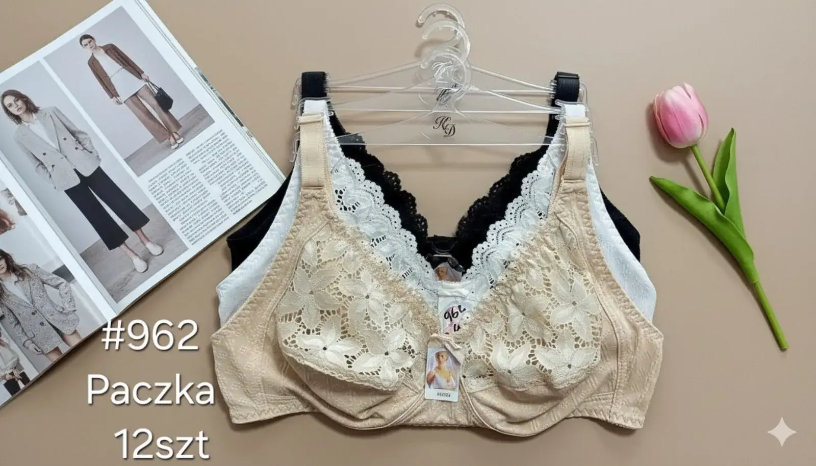 Biustonosz damski C-D beżowy koronka #962