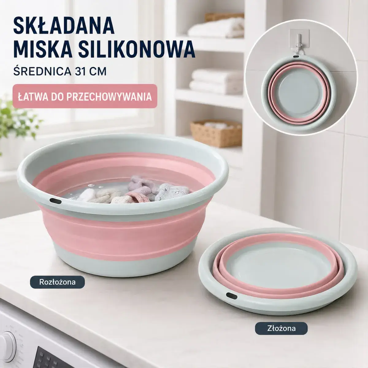 Składana Miska Silikonowa 31 cm Różowo-Szara Łatwa do Przechowywania