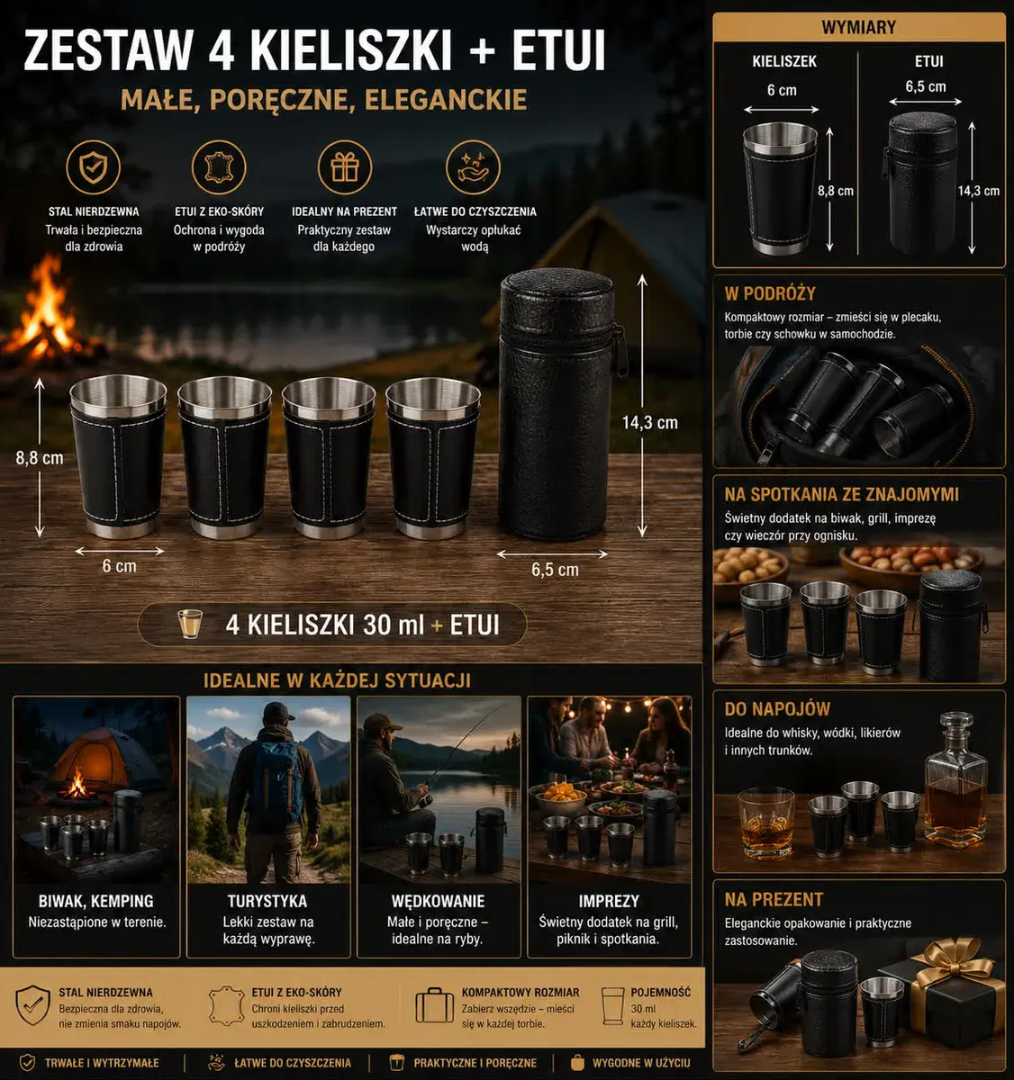 Zestaw 4 kieliszków turystycznych ze stali nierdzewnej z etui z eko-skóry czarne, kolor czarny z białym przeszyciem