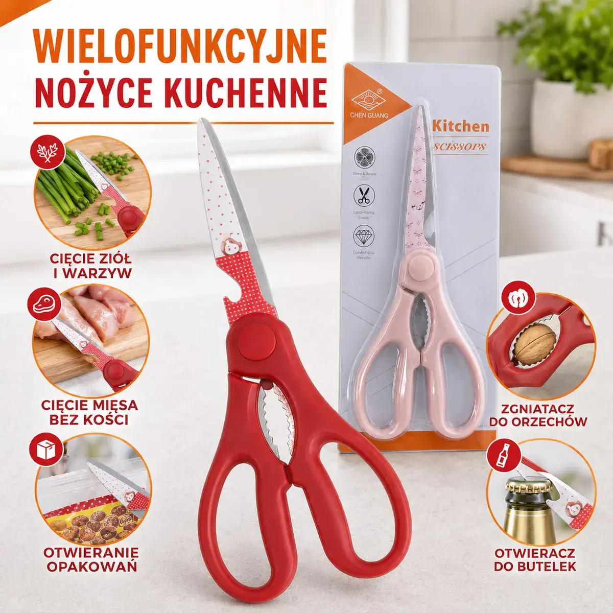 Wielofunkcyjne nożyce kuchenne z otwieraczem i zgniataczem czerwone