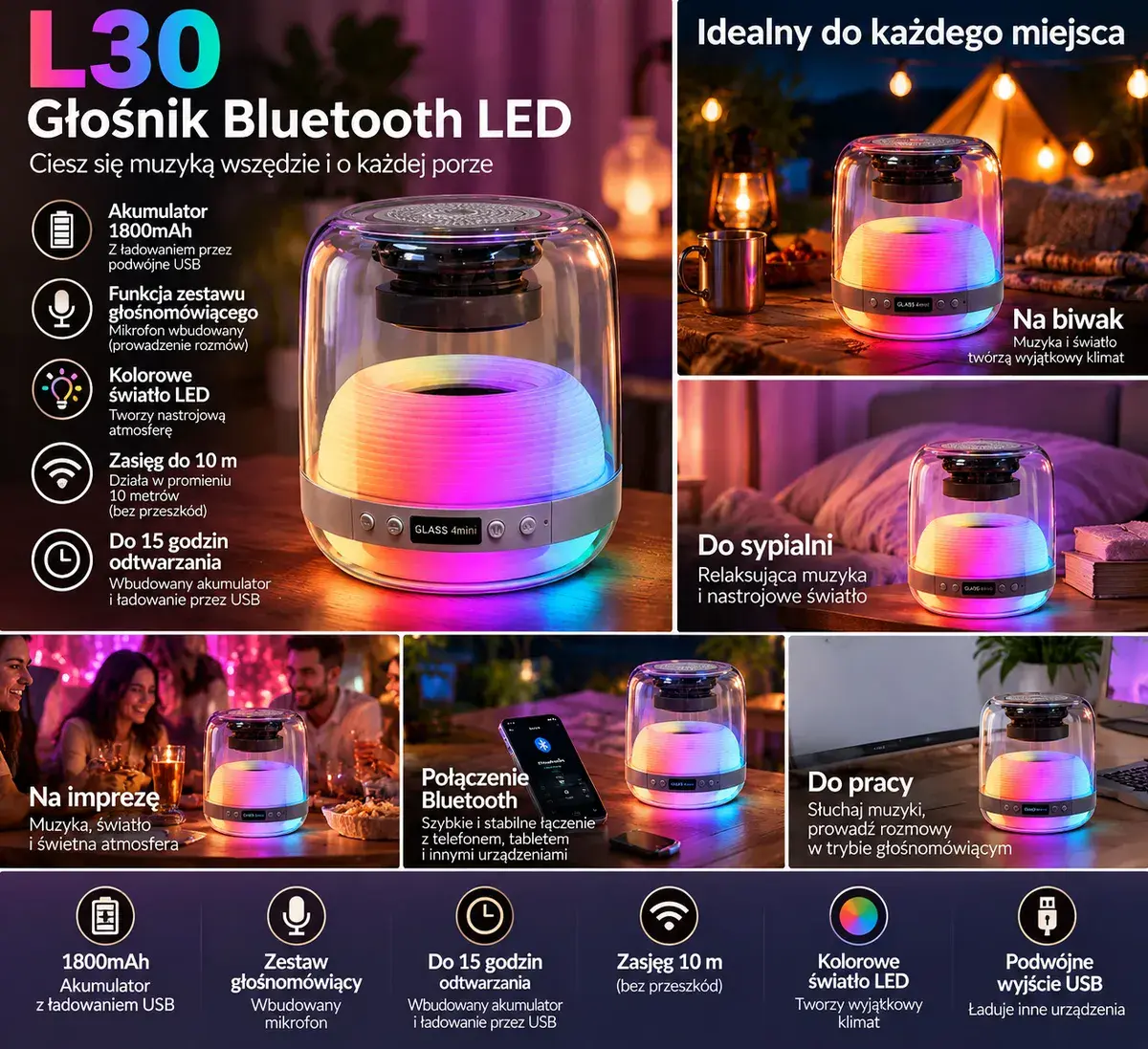 Głośnik Bluetooth LED L30 z akumulatorem 1800mAh i kolorowym światłem