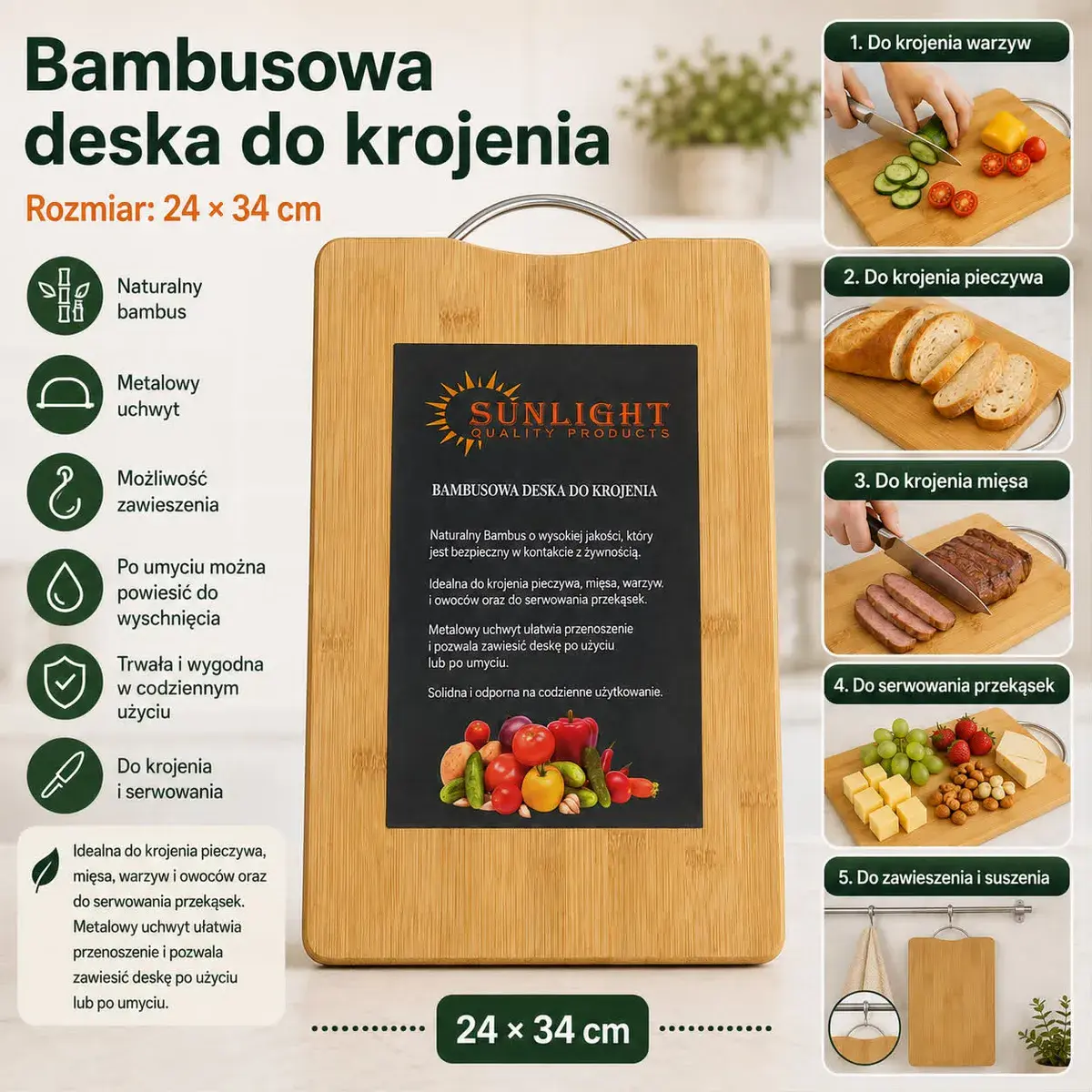 Bambusowa deska do krojenia z metalowym uchwytem 24x34 cm