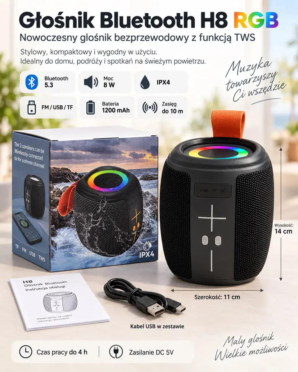 Głośnik Bluetooth H8 RGB 8W IPX4 czarny kompaktowy z TWS