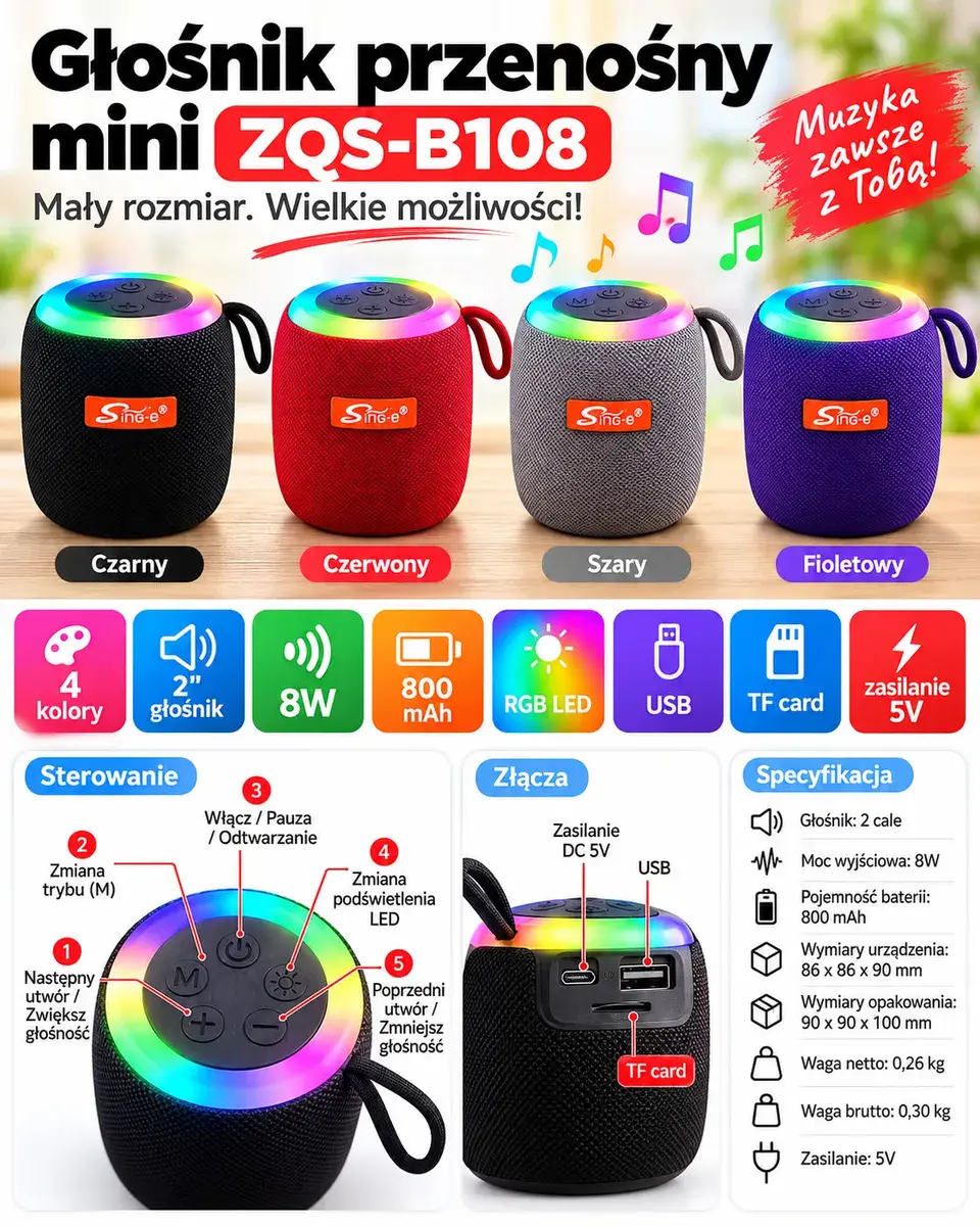 Głośnik Bluetooth Mini RGB LED 8W czarny/czerwony/szary/fioletowy