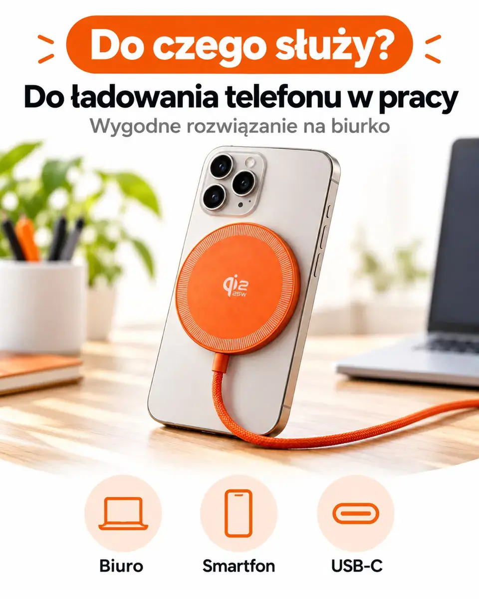 Ładowarka magnetyczna bezprzewodowa Qi2 25W USB-C pomarańczowa