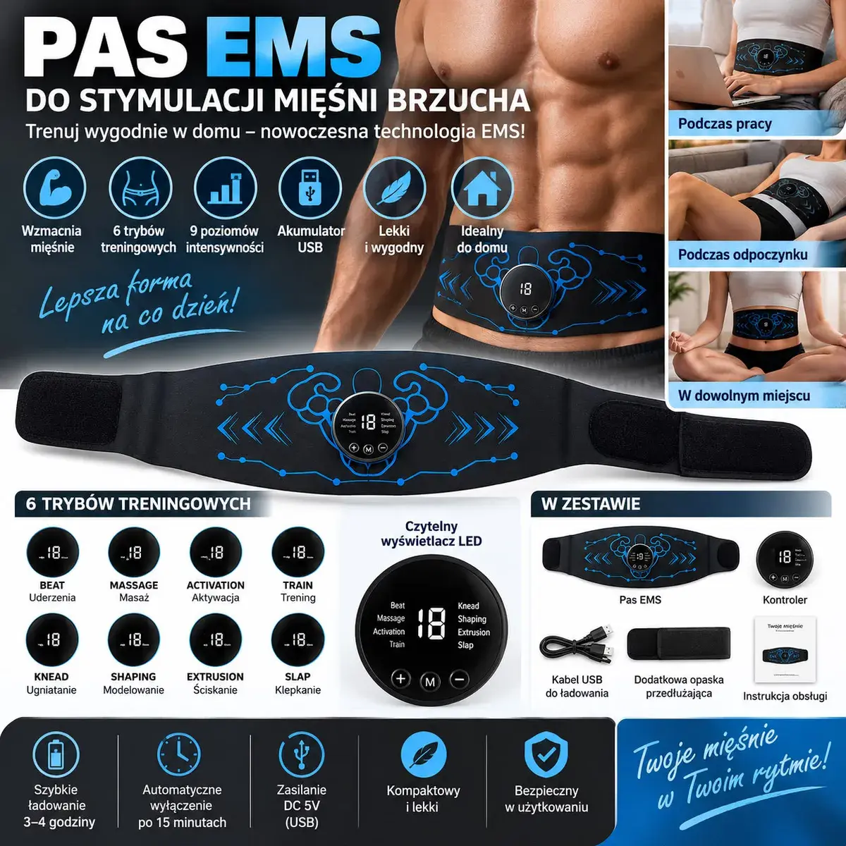 Pas EMS do elektrostymulacji mięśni brzucha z 6 trybami i USB