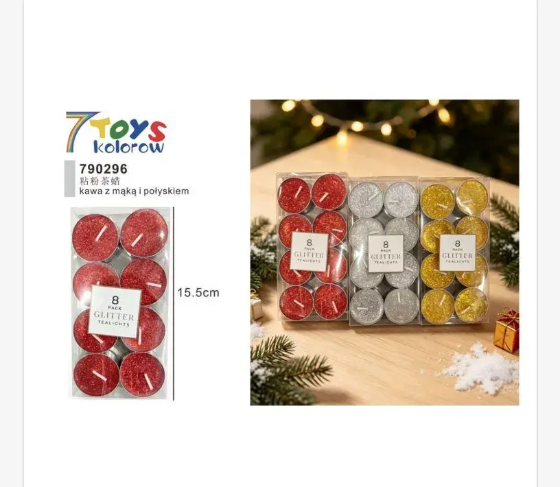 Świeczki Tealight Brokatowe 8 szt. czerwone, srebrne, złote