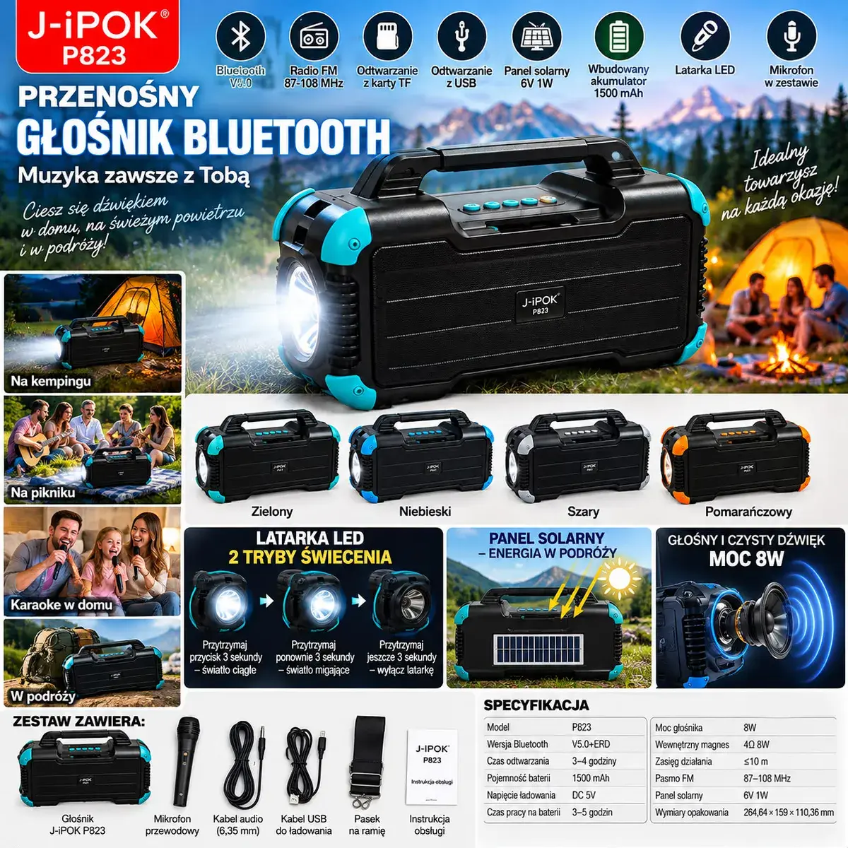 Głośnik Bluetooth J-iPOK P823 czarny z turkusowymi wstawkami 8W