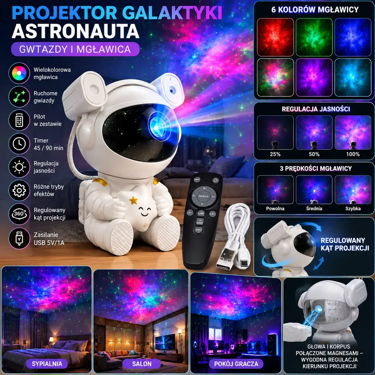 Projektor galaktyki astronauta wielokolorowa mgławica LED z pilotem