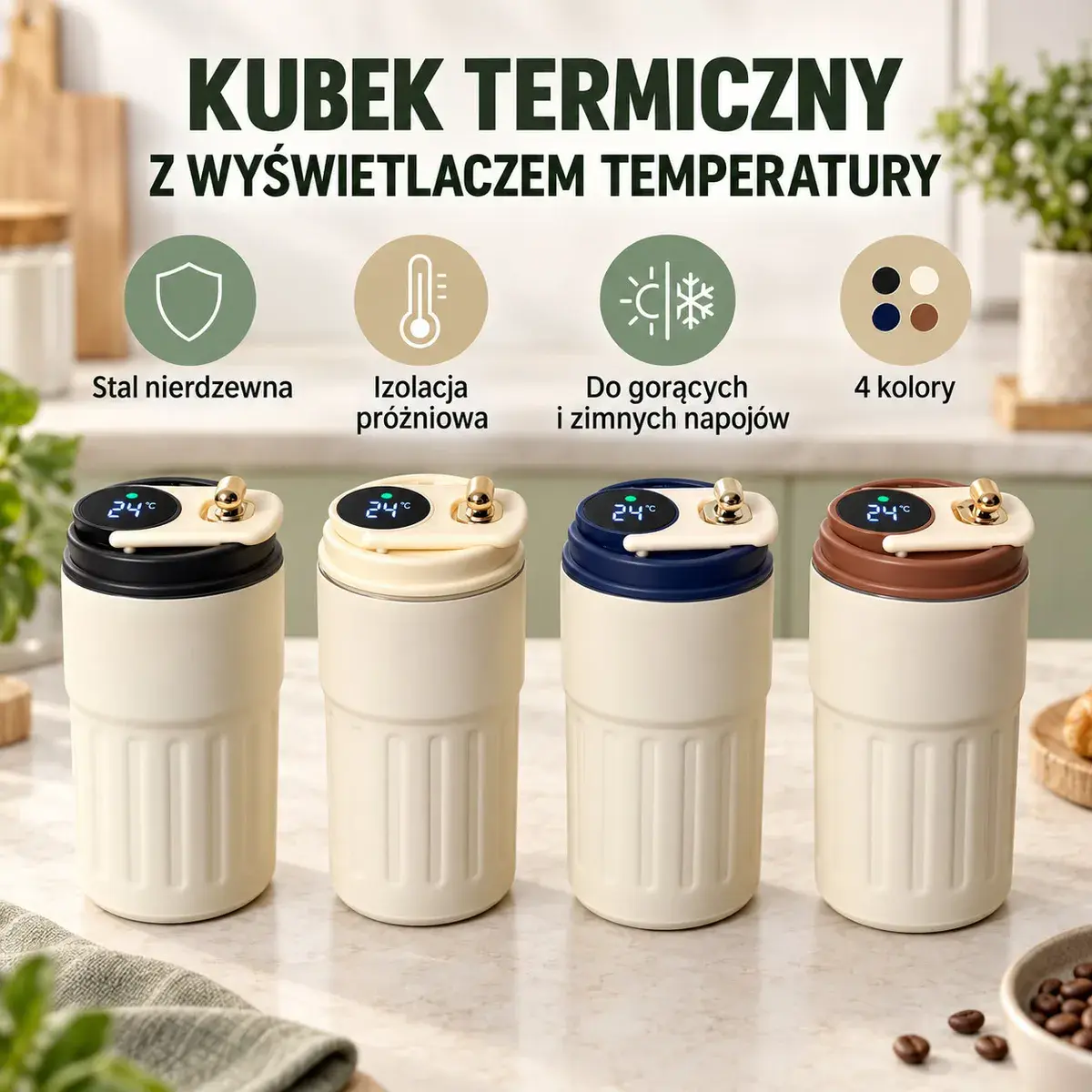 Kubek termiczny próżniowy z wyświetlaczem temperatury LED, 4 kolory