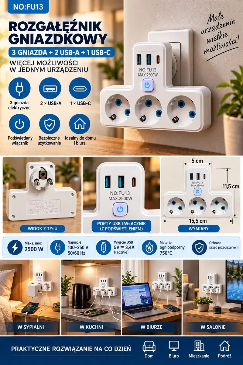 Rozgałęźnik elektryczny biały 3 gniazda 2x USB-A 1x USB-C 2500W