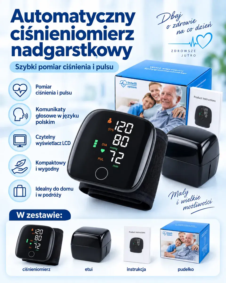 Automatyczny ciśnieniomierz nadgarstkowy z komunikatami głosowymi po polsku