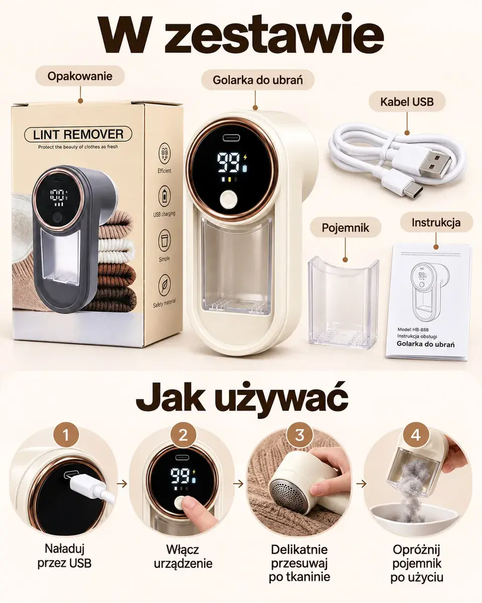 Golarka do ubrań USB z wyświetlaczem LED i pojemnikiem na zmechacenia