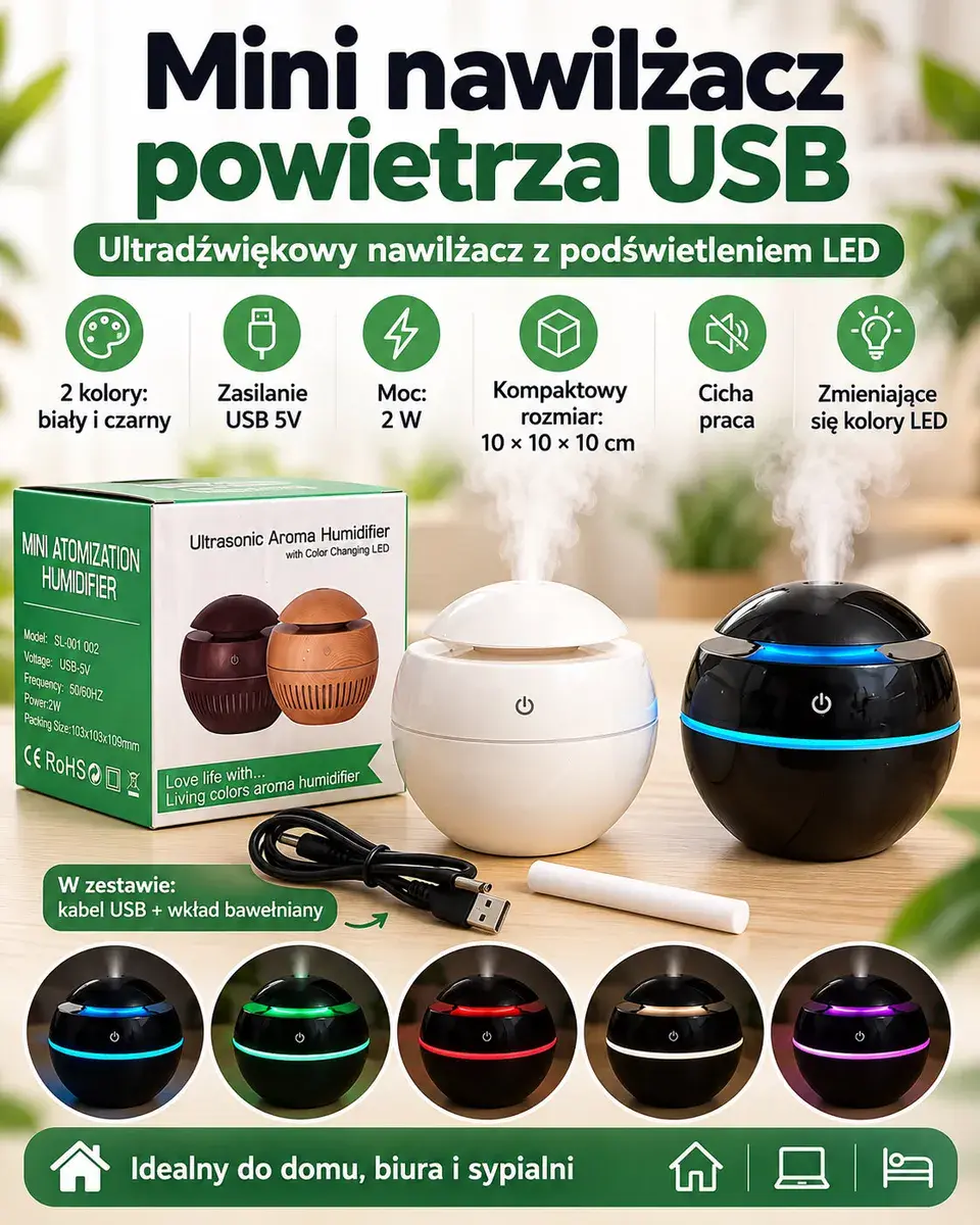 Mini nawilżacz powietrza USB z podświetleniem LED biały i czarny