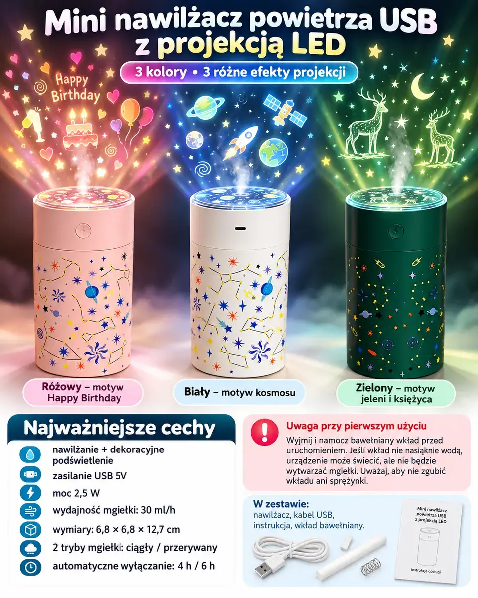 Mini nawilżacz powietrza USB z projekcją LED 3 kolory motywy