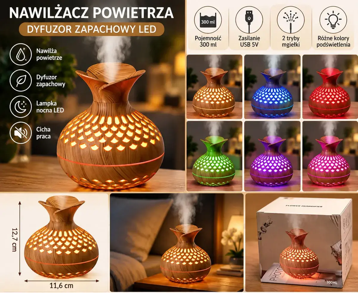 Nawilżacz powietrza LED 300 ml z kolorowym podświetleniem drewno