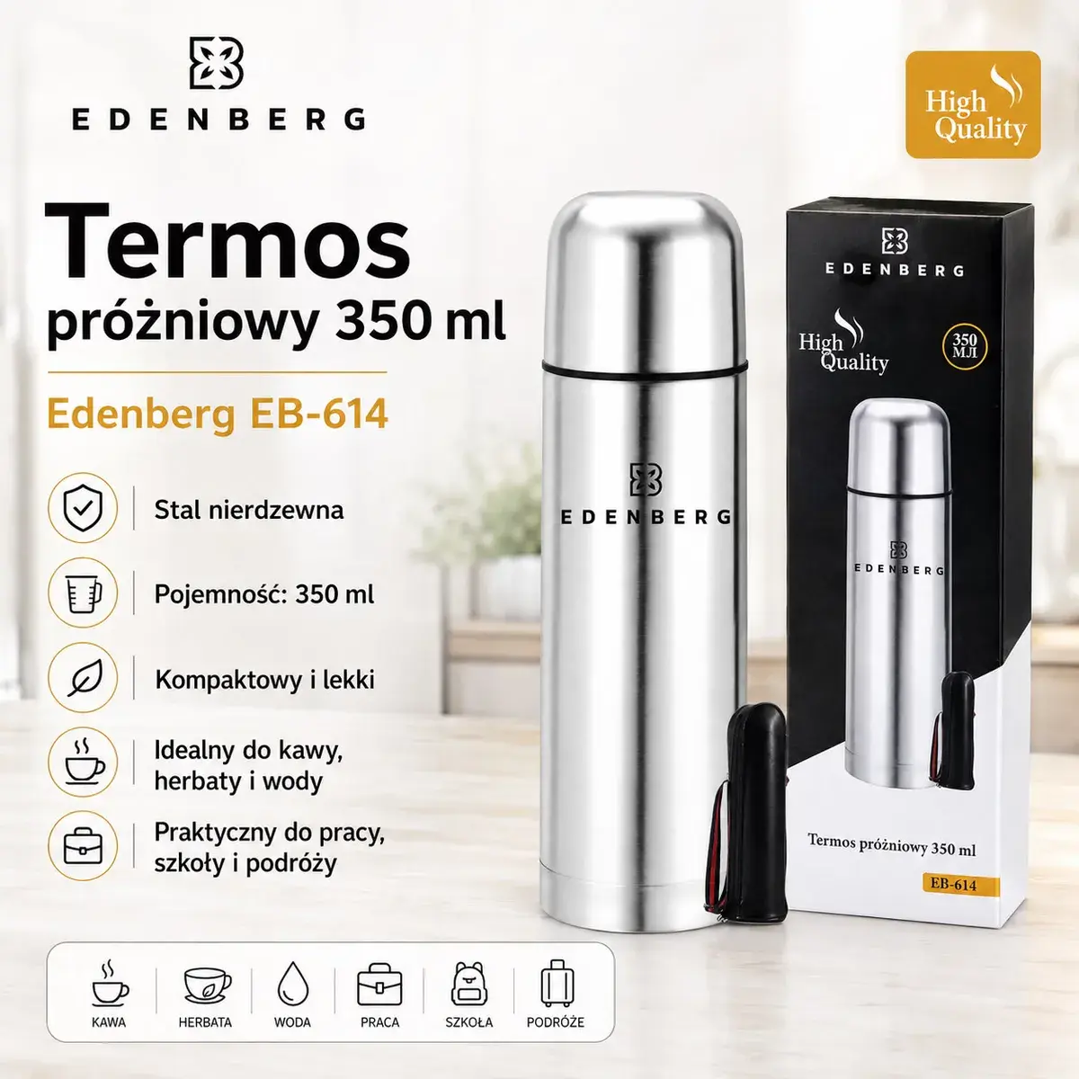Termos próżniowy Edenberg stal nierdzewna 350 ml lekki kompaktowy