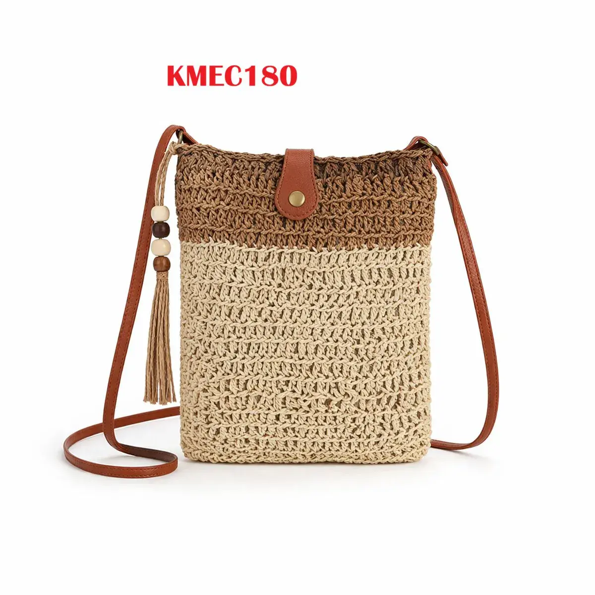 Torebka pleciona listonoszka boho z klapką i paskiem 20x2x22 cm, kolor beżowy
