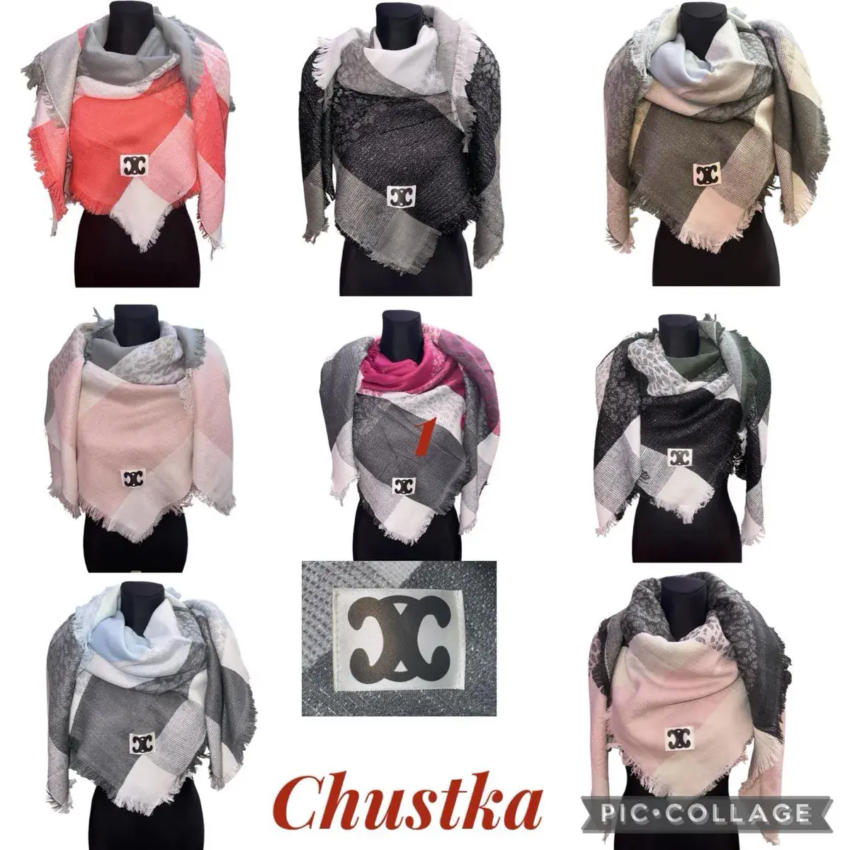 Chustka damska w kratę z frędzlami wielokolorowa 130x130 cm