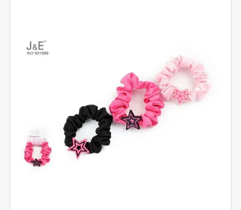 J&E Gumki do włosów scrunchies czarne i różowe ze srebrną gwiazdą